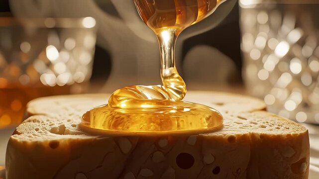 Honey Drizzling Onto Fresh Slice of Bread for Breakfast