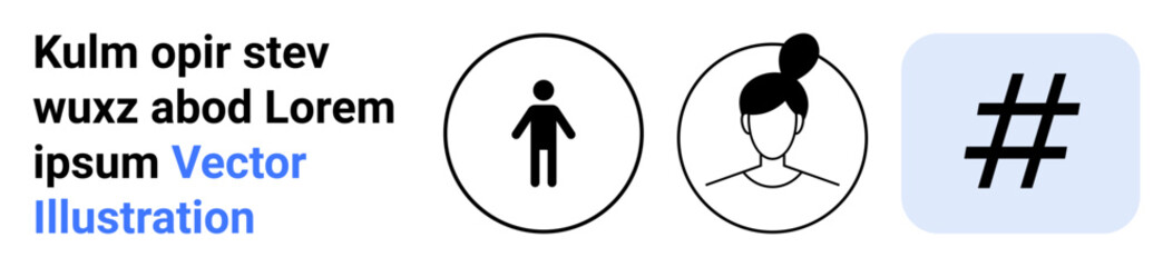 Obraz premium Male and female user icons alongside a metadata tag in circular outlines. Ideal for identity, social media, community, networking, branding, technology, and a simple landing page