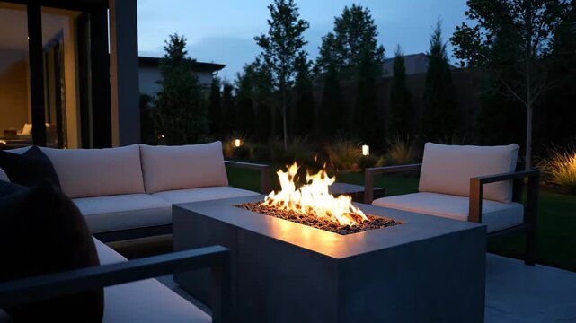 Outdoor patio with fire pit at dusk featuring garden, comfortable furniture, and warm fire flames, creating cozy outdoor living space at night.