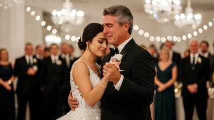 Father and bride dancing at wedding reception with guests and decorations
