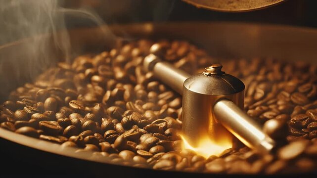 Close-up of coffee beans roasting in a commercial roaster with steam rising.