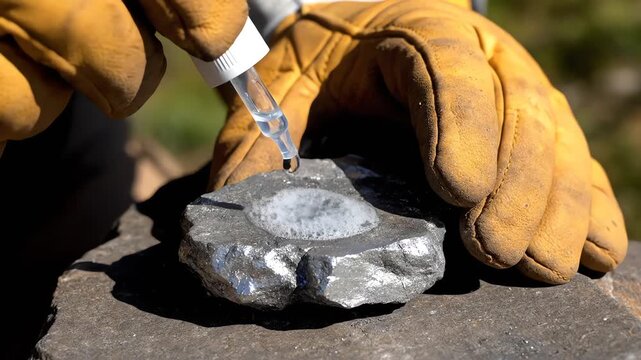 A worker's hand holding a stone and a blacksmith hand holding a metal horseshoe alongside iron tools and steel equipment in an industrial work setting