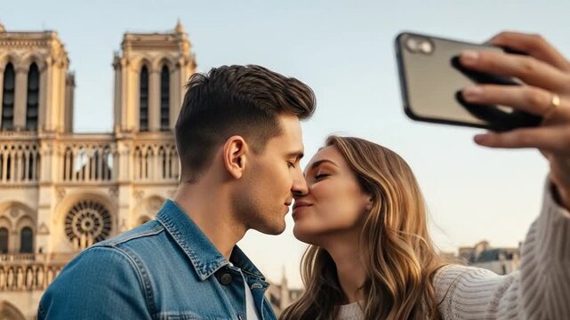 Romantic Couple Kissing and Taking Selfie at Notre Dame