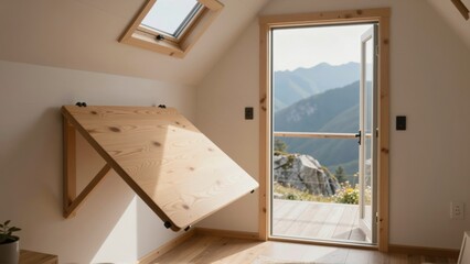 Naklejka premium Modern folding wooden table in minimalist cabin interior overlooking scenic mountain landscape through open glass door