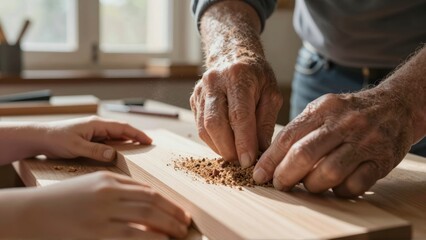 Close up view of senior hands teaching a young child carpentry in a sunny wood shop