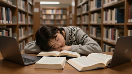 Tired young woman sleeping on open books in a university library with laptops on the table