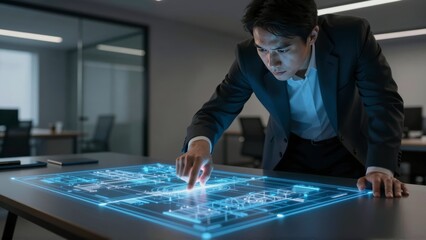 Focused professional man in a suit analyzing a futuristic digital holographic interface in a modern office