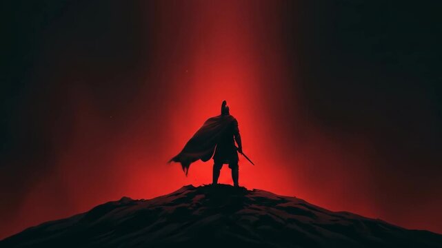 Warrior Silhouette on Hilltop with Red Light.