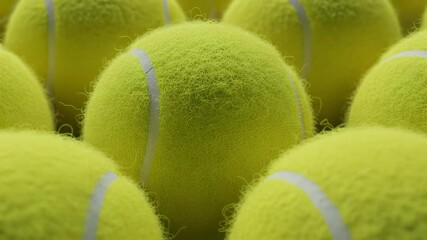 Close up of many bright yellow tennis balls arranged in a pattern.