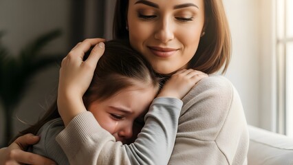 Woman comforting child indoor close embrace affection family relationship