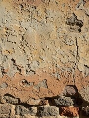 Fototapeta premium Ancient Brickwork with crumbling Plaster Layers creating Aged Wall Design