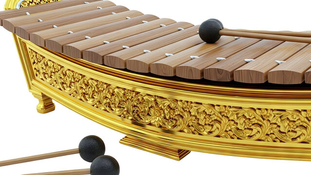 Thai Xylophone (Ranat Thum) with Ornate Gold Stand and Mallets