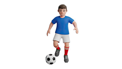 3D cartoon soccer player dribbling a ball