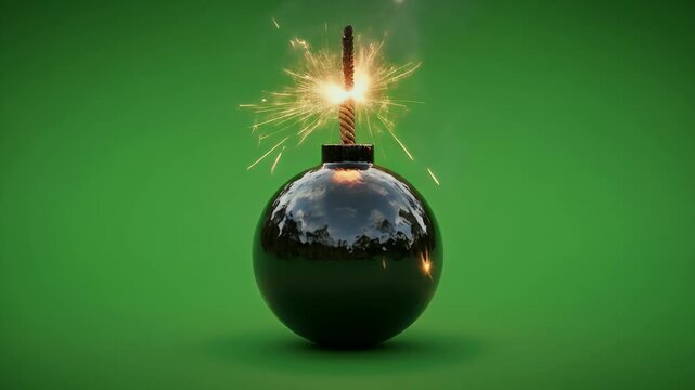 Exploding Bomb with Sparks on Green Background.