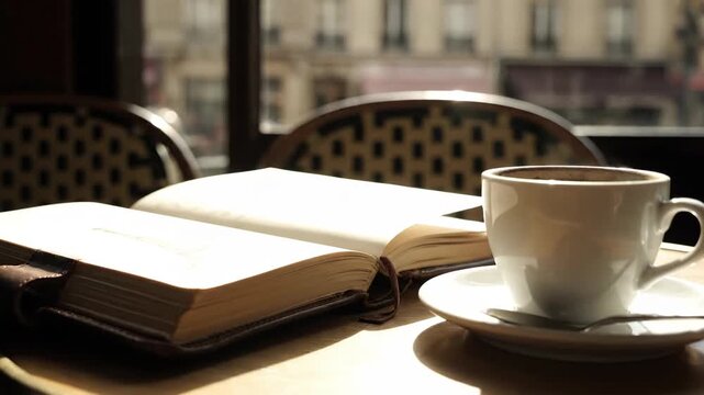 Open book, coffee cup on cafe table in Paris, France; lifestyle, relaxation
