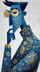 Blue Stylized Man in Golden Patterns and Glasses