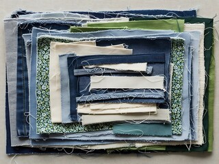 Denim Patchwork Composition with Diverse Textile Fragments and Artistic Threads
