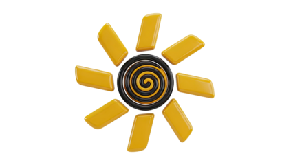 Abstract sun symbol with yellow rays and black and yellow spiral center