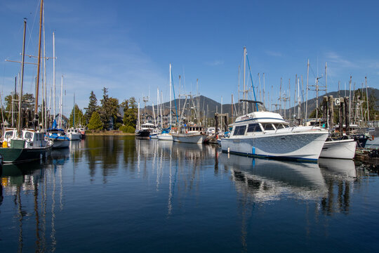 Ucluelet, British Columbia, Canada - April 15, 2025: Boats moored in a marina on Vancouver Island