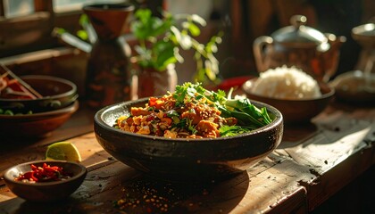 Deliciously crafted Asian-inspired savory dish featuring minced protein, aromatic herbs, and spicy chilies, served with fluffy rice in a rustic, sun-drenched setting, evoking authentic home cooking