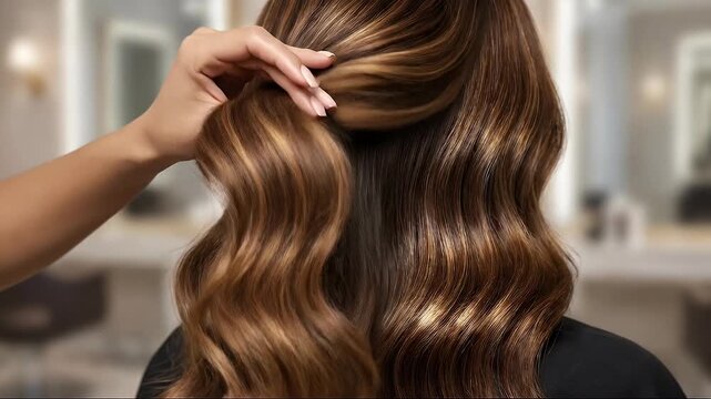 Stylist showing off beautiful wavy brown hair with highlights in salon.