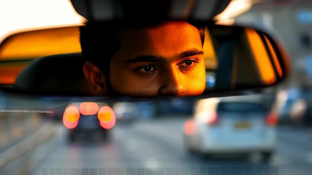 Man Looking Through Car Rearview Mirror at Traffic