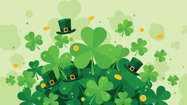 A digital illustration of shamrocks, gold coins, and leprechaun hats
