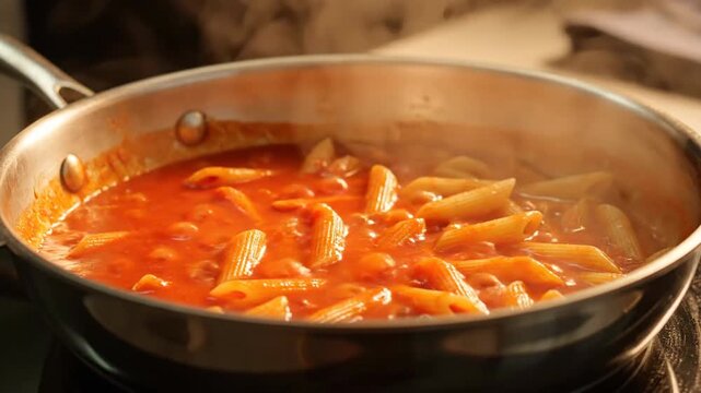 Close-up of steaming Penne Pasta in tomato sauce cooking in a stainless steel pan on stovetop, meal preparation, food photography, Italian cuisine.