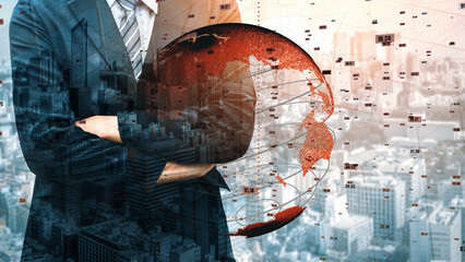 A businessman embraces a digital globe against a city skyline, symbolizing global connectivity and the intersection of technology and economic growth in today world. Xenic