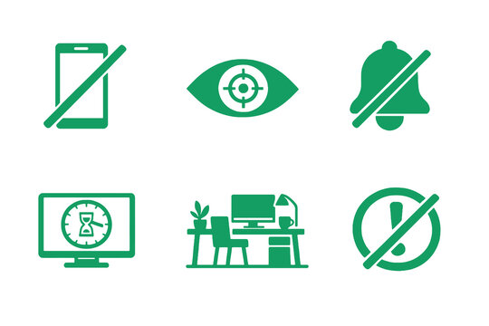 Digital detox icon set with focus reset, reduced screen time and calm productivity. Monocromatic flat vector icons for wellness apps, planners, UI dashboards and focus tools.