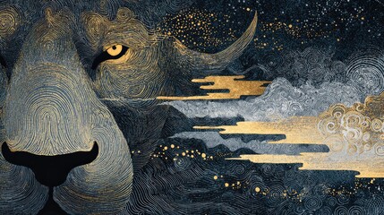 Mythical Lion with Golden Clouds and Starry Night Background