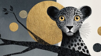 Stylized Baby Leopard with Golden Moon in Abstract Minimalist Composition
