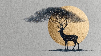 Stylized Deer with Golden Moon and Tree Branches in Antlers