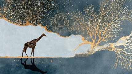 Surreal Giraffe in Golden Fantasy Landscape with Reflections and Trees