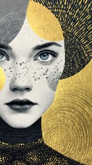 Stylized Female Portrait with Abstract Golden Textures and Blue Eyes
