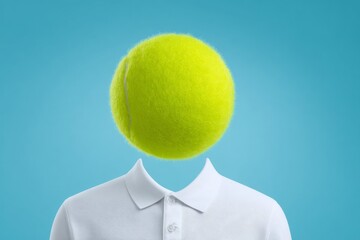 Surreal portrait: tennis ball head on white polo shirt