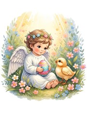 Naklejka premium Adorable watercolor illustration of a baby angel with wings and a halo sitting in a flower field. He is holding a decorated Easter egg and looking at a cute chick under divine sunlight rays