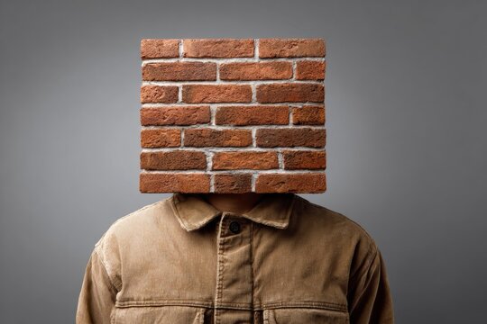Surreal abstract: human with brick wall face and brown jacket against gray background