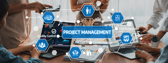 A dynamic scene showcasing collaborative project management with digital tools, emphasizing teamwork, quality control, communication, and effective resource planning in business. Amity