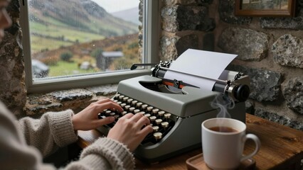 Person typing on an old typewriter by a window overlooking a rainy landscape with a cup of coffee