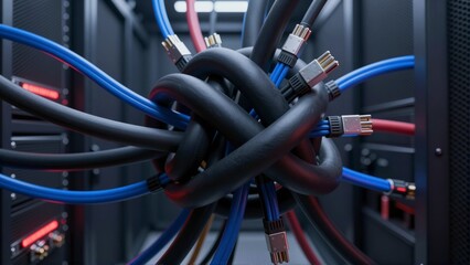 Tangle of blue black and red data cables connected to server racks with red indicator lights