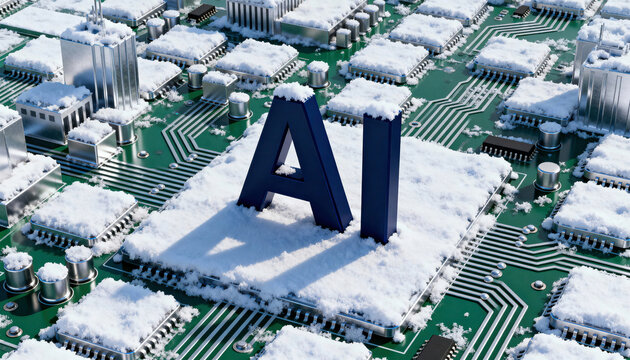 AI letters standing on a snowy circuit board with frost-covered microchips