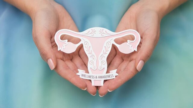 Woman holding uterus symbol for women health awareness.