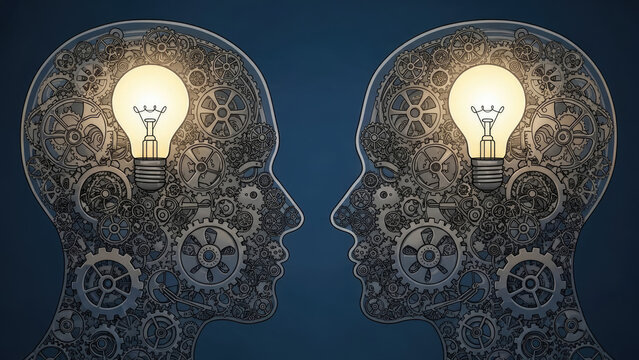 Two human heads facing each other with lightbulbs and gears inside.