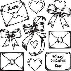 Hand Drawn Valentine&rsquo;s Day Love Elements Silhouette Set with love envelope, bow, heart, hand-drawn outline style