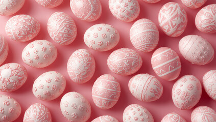 ピンク背景に並ぶイースターエッグのかわいいパターン背景素材.生成AI