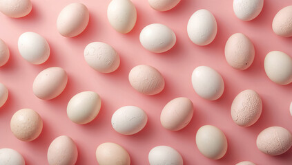 ガーリーな雰囲気のピンク背景に卵が並ぶイースター柄の背景素材.生成AI