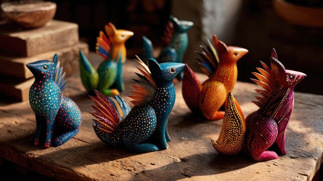 Colorful Mexican Alebrijes on Rustic Wooden Table
