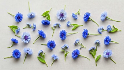 Elegant floral arrangement featuring cornflowers and forget-me-nots on fabric