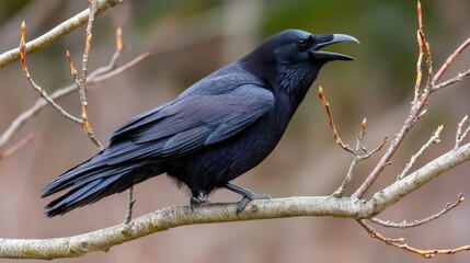Obraz premium Raven perched on branch in forest during spring season calling out in response to surroundings